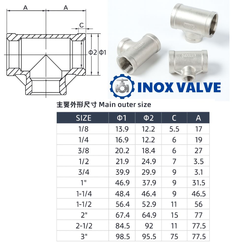thông số kỹ thuật Tê inox ren DN50